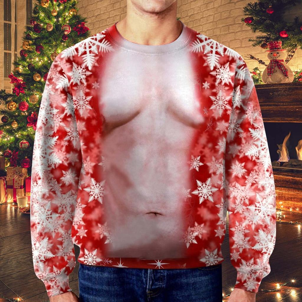 Mens Christmas Hoodie Cartoon Santa Claus Printed Round Neck Long Sleeve Sweatshirt Loose Crewneck Pullover Sports Tracksuits