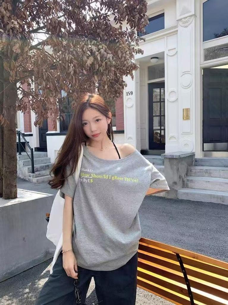 [Pure Cotton] Letter Printing Short-sleeved Off-the-shoulder T-shirt Women's Loose Top Navy Blue White Gray