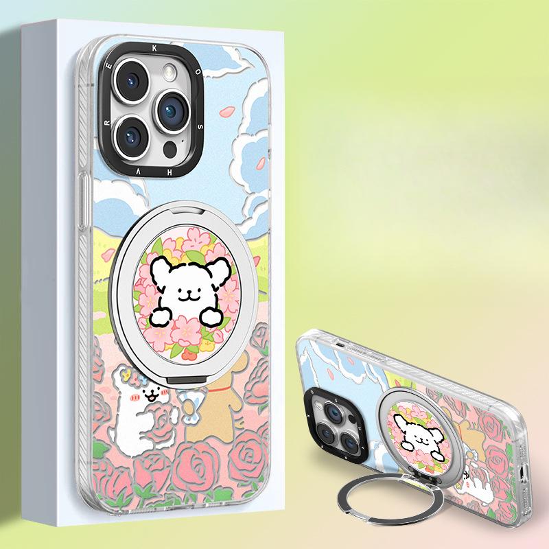 Ins Flower Dog Suitable for Apple 13 Mobile Phone Case Huawei Mate60pro Fulcrum Bracket 15 Cute 14 Anti-fall
