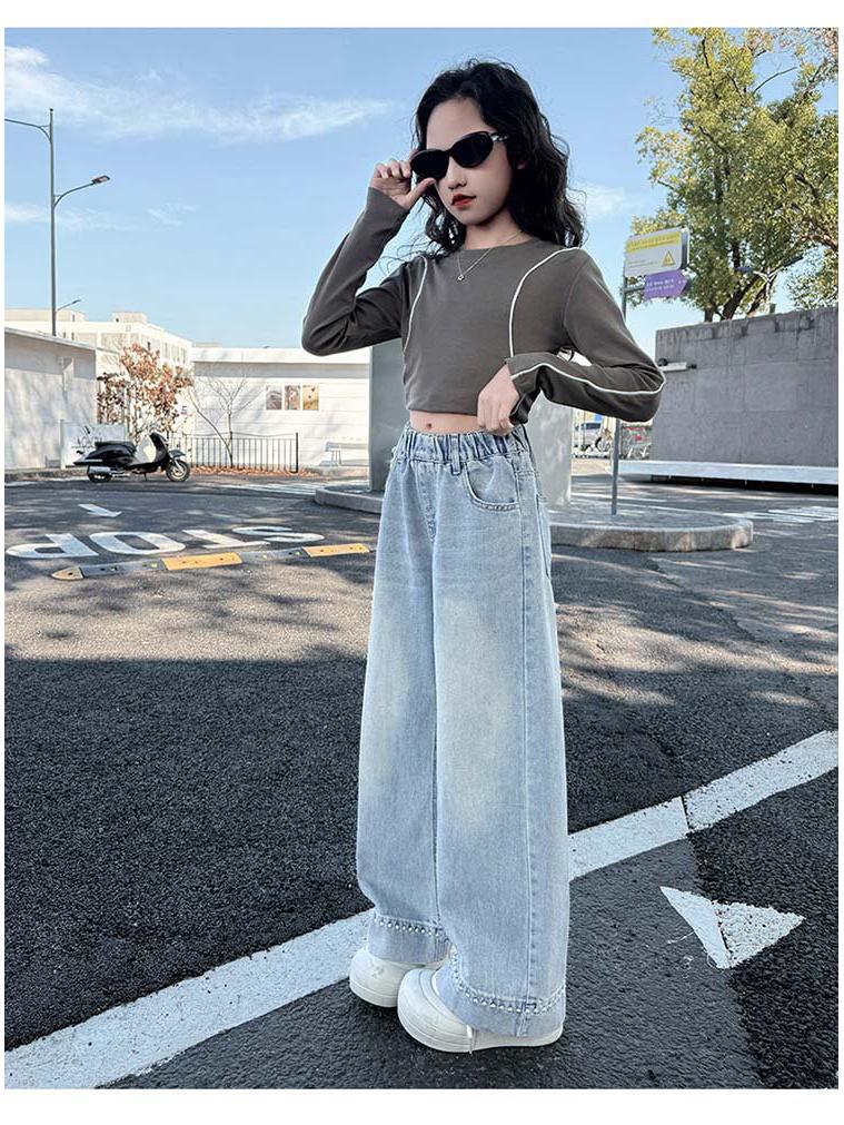 Girls' Spring & Autumn Straight Wide Leg Jeans - Trendy, Loose Fit for Elementary School Students