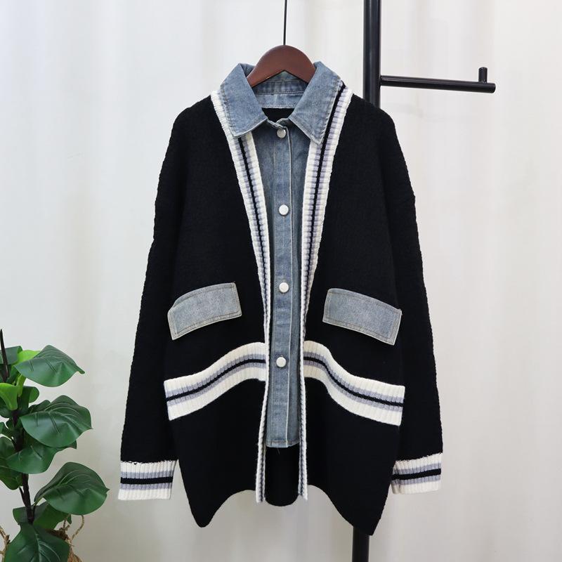 

Осень и зима новый свободный джинсовый вязаный кардиган средней длины с пэчворком, повседневный универсальный свитер-жакет для женщин one size fits all чёрный