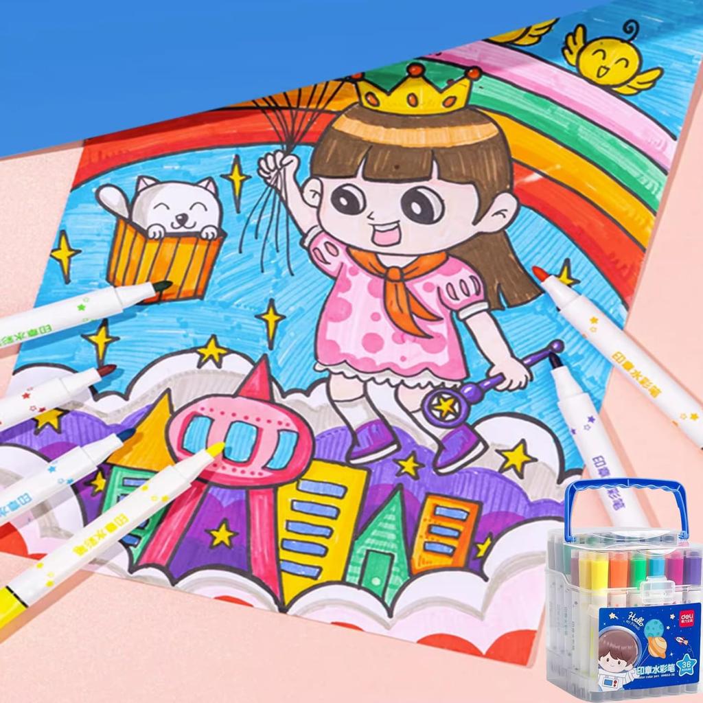 Art Marker Pens for Thick Round Pencils with Cartoon Sticker Smooth Color Quick No Perfect for and Art Gifts for Adults and Kids 36-Color Water-Based