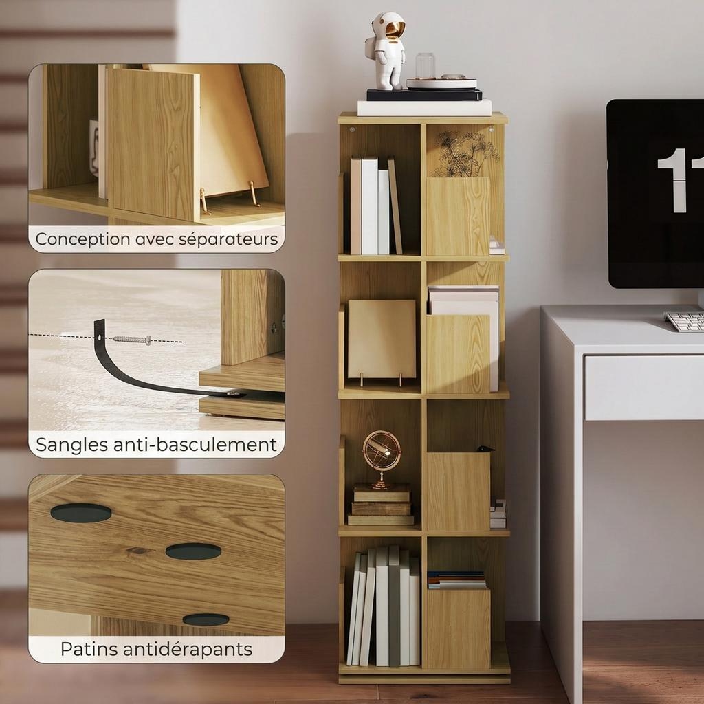 Rotating Bookshelf, 360 Degrees, 4 Shelves, 39 x 39 x 128.3 cm, Oak
