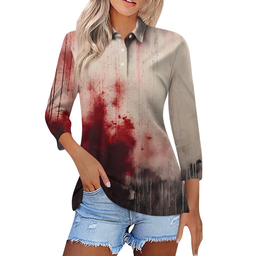Women's Fashion Casual Lapel Short 3/4 Sleeve Halloween Print Shirt Women's Button Up Tops