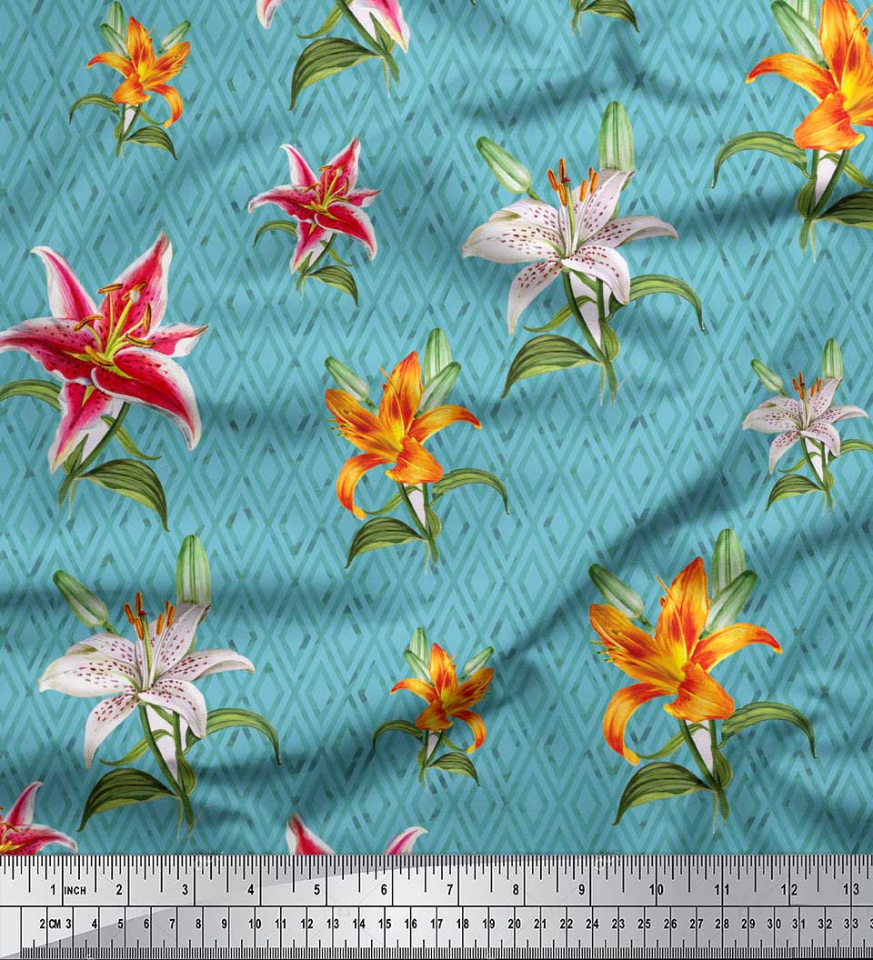 

Soimoi Grey Japan Crepe Satin Тканина Diamond & Lily Floral Decor Fabric Printed meter 42 Inch 42 Inch Wide - Poly Crepe синій