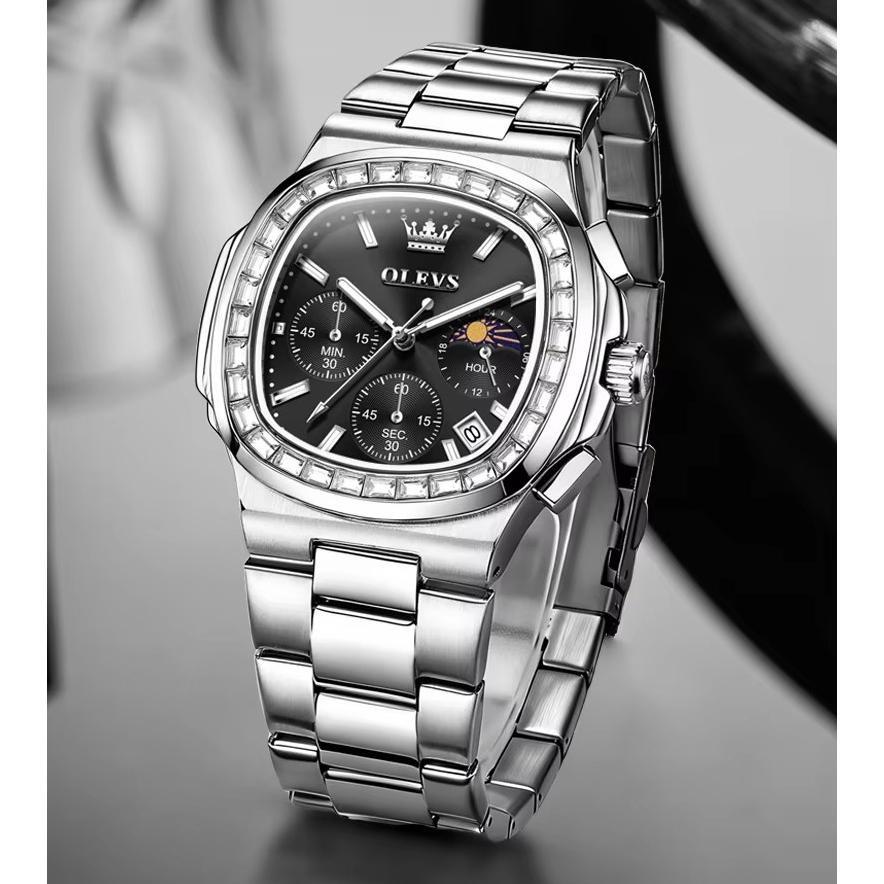 Men Square Diamond Bezel Quartz Watch Moon Phase Date Chronograph Luminous Waterproof Wrist Watch