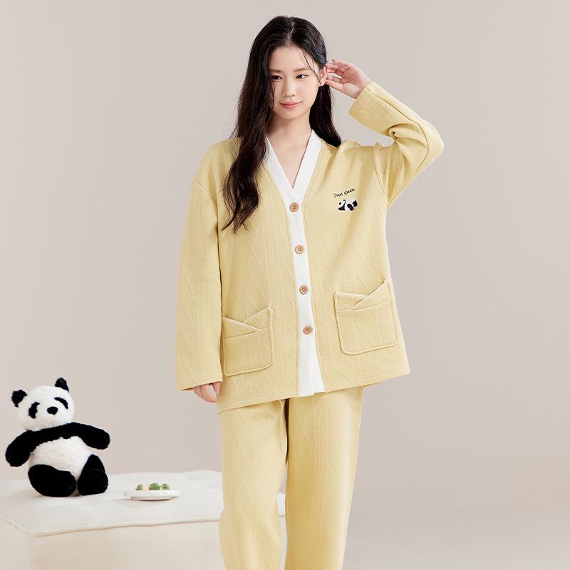 

Women s Class A Antibacterial Pajamas - Autumn Long Sleeve Cardigan Set, Air Cotton, Warm Homewear for Fall and Winter Medium жовтий
