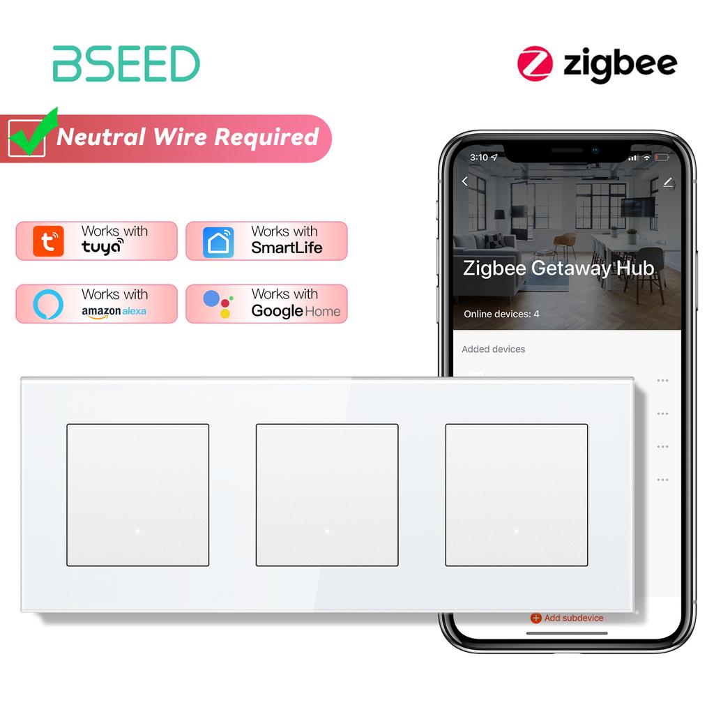 BSEED ZigBee Click Switches Series Wall Smart Click Light Switches Yellow Backlight Glass Frame Tuya APP Switch EU Standard
