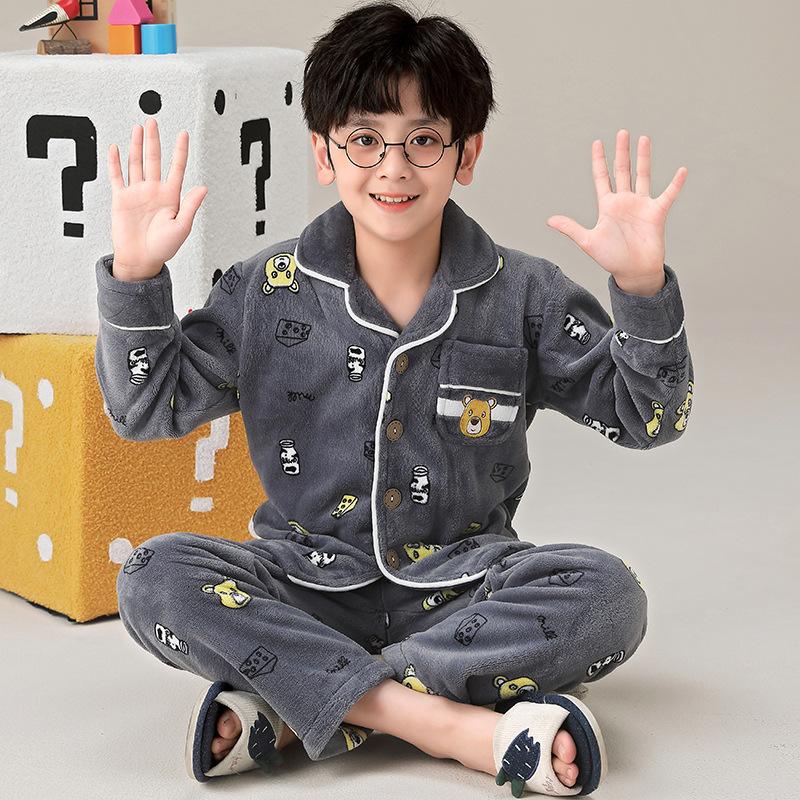 Kids Flannel Pajamas Set Boys Girls Warm Long Sleeve Top And Pants Sleepwear Winter Home Nightwear