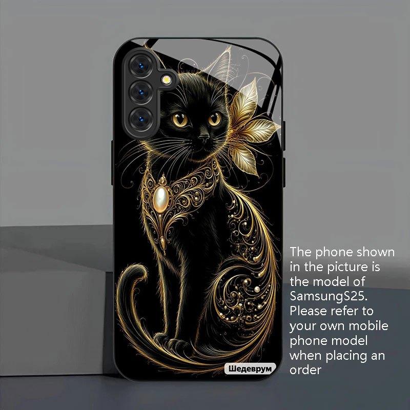 Black Gold Meow Charm Tempered Glass Phone Case Suitable for Samsung Galaxy S26 S25 S24 S22 S21 S20 FE/Ultra/Plus5G Anti Drop