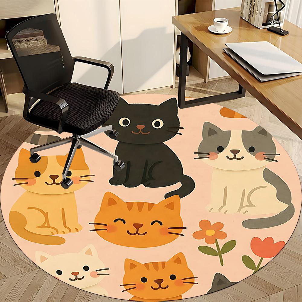 1pc Cat Floral Office Round Area Rug, Under Office Chairs Bedroom Living Room Home Decor, Room Deco