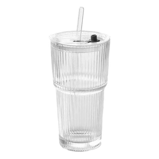 Ribbed Glass Cup with Lid And Straw, 600ml Large Capacity Iced Coffee Tumbler, Reusable Cold Drink Cup for Home Office Travel Use