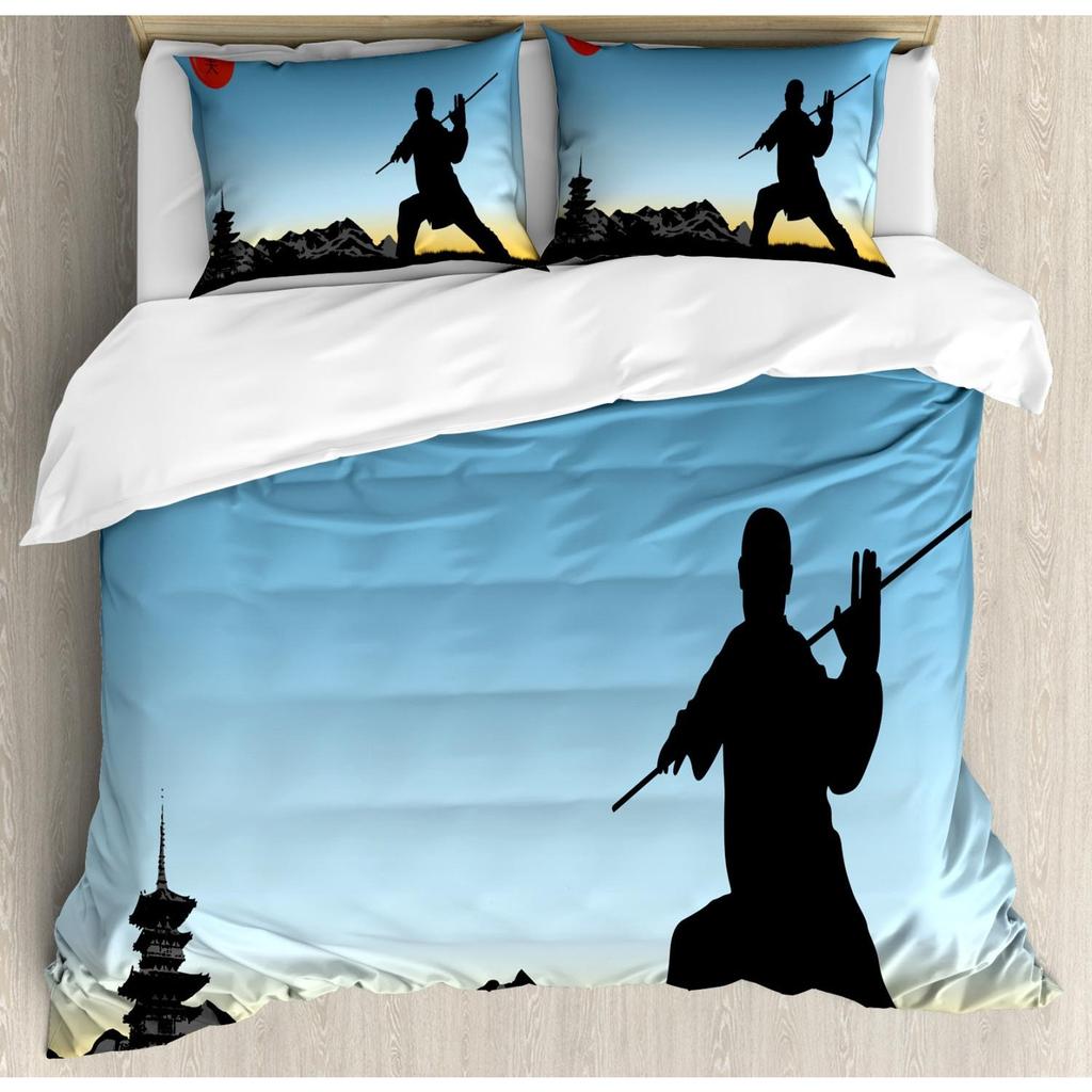 Chinese Kung Fu Polyester Duvet Cover Set Eastern Martial Art Sports Themed Cartoon Warrior In Traditional Clothes For Kids Teen