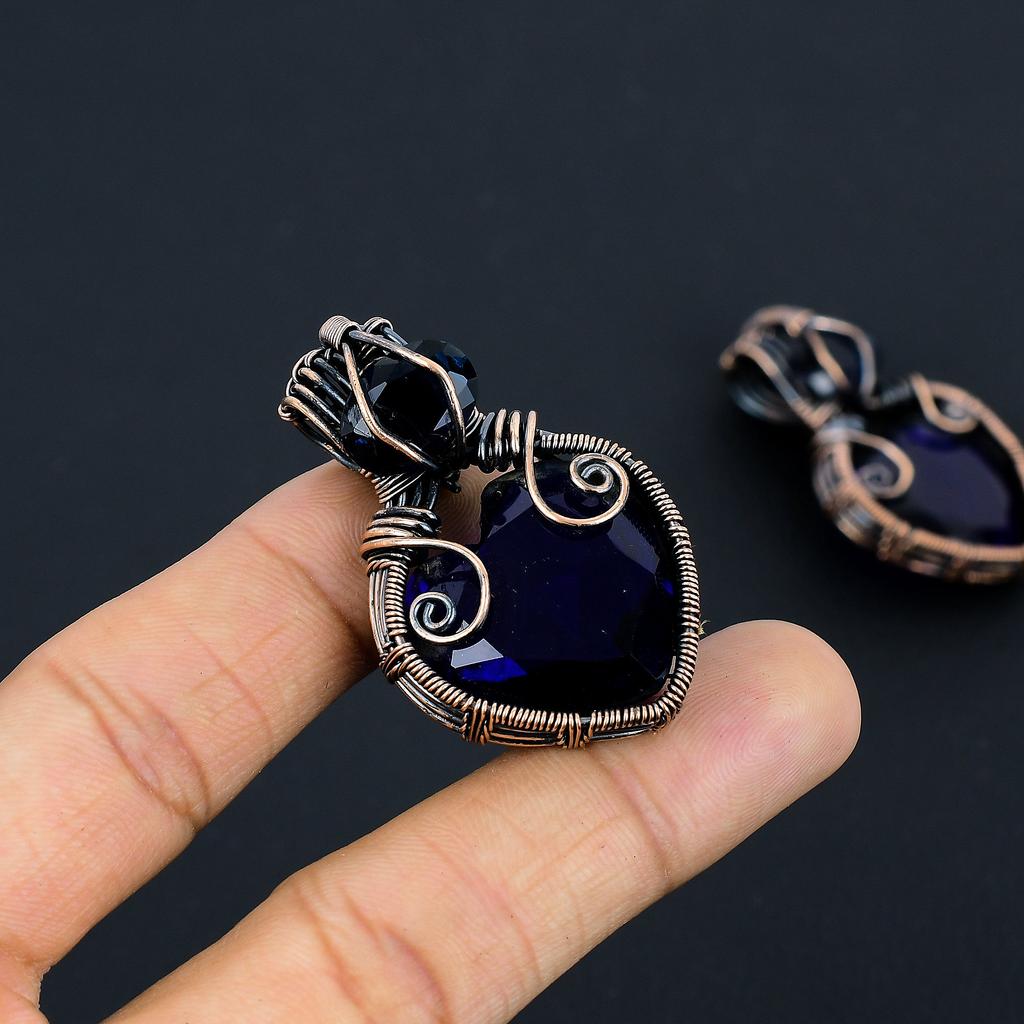 Topaze Bleue de Londres Fait Main Fil de Cuivre Enroulé Pendentif Bijou 1.97" M9f78