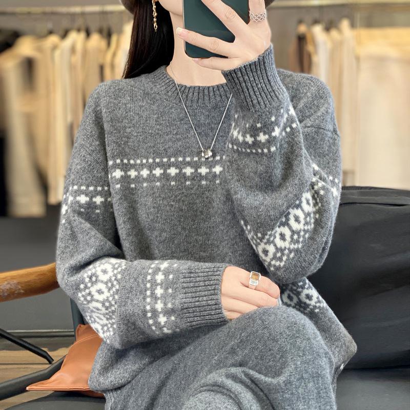 Meng Yi Women's Jacquard Wool Sweater: Autumn/Winter Loose Knitwear, Thick Round Neck