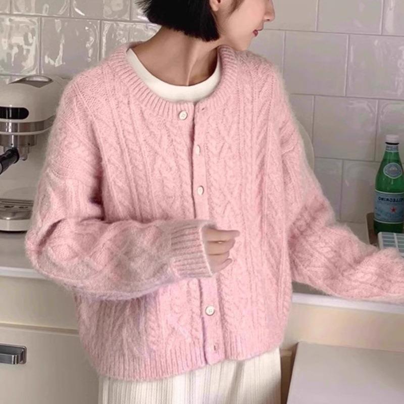 

Нежный мягкий восковой универсальный свитер-кардиган с перекручиванием для женщин, новинка осени и зимы, ретро короткая вязаная куртка-свитер One size розовый