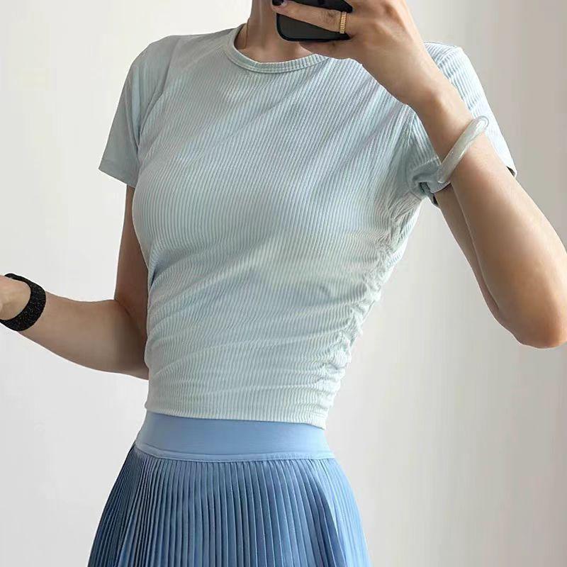 

Топ для йоги в рубчик телесного цвета: Мягкий, Утягивающий и Дышащий Пилатес с коротким рукавом Extra Large светло-синий