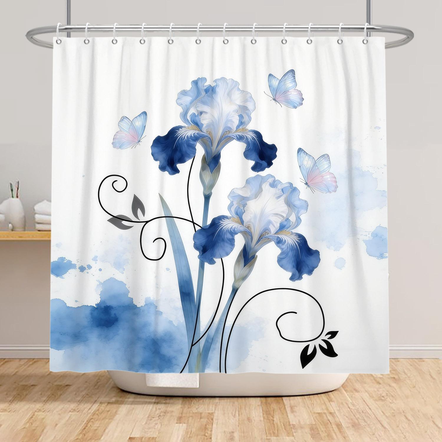 

Modern Fashion Shower Curtain Blue Flowers Butterfly Shower Curtains Bathroom Decor Waterproof With 12 Hooks Polyester Curtains W60H190(CM)-1 Pcs