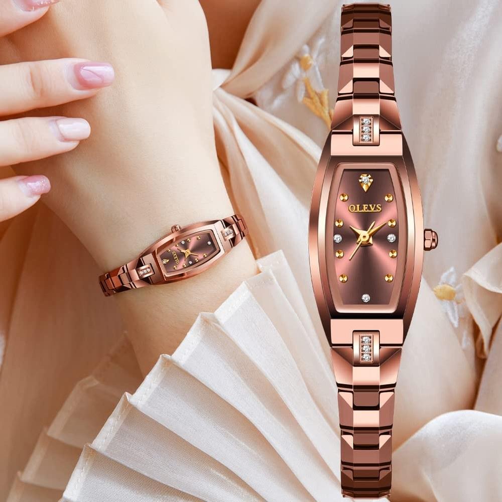OLEVS Women's Slim Thin Watch Tonneau Square Diamond Quartz Rose Gold Steel Band Model 5501 3 ATM Water Resistant Ladies Gift