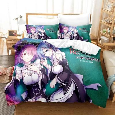 Nová Re Zero Rem Ram Ložní souprava Kreslený Anime třídílný set Pro dospělé Dětská ložnice Sady povlaků na přikrývku 3D Kawaii Dívka Domácí textil