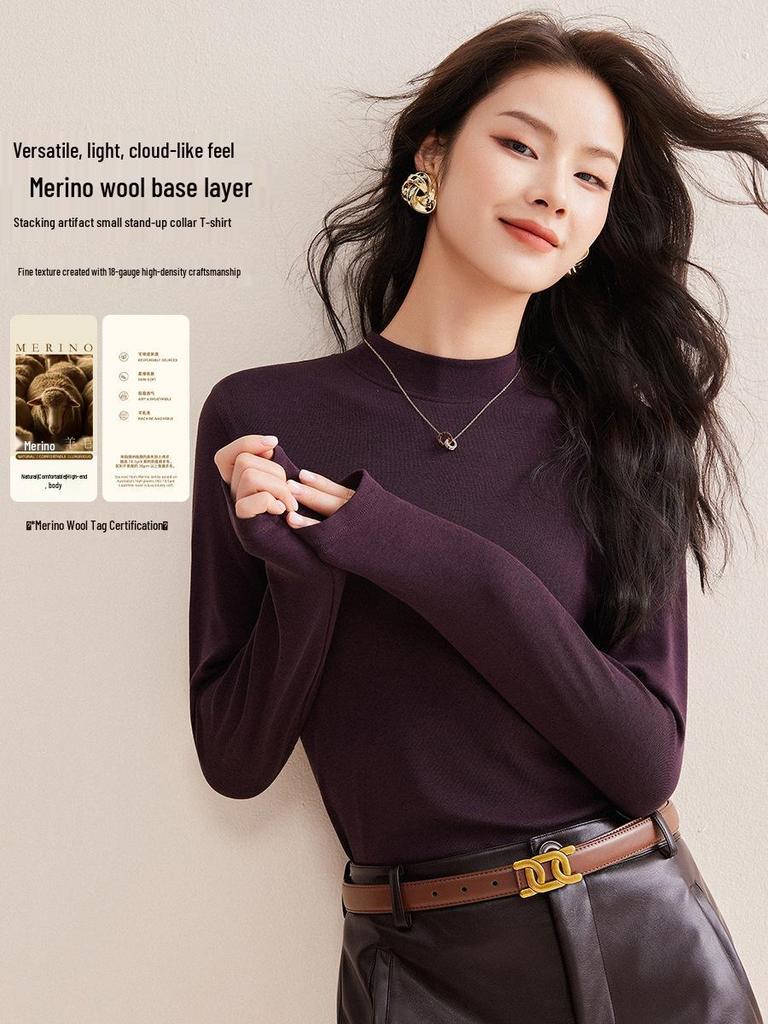 Women’s Tencel Wool Long Sleeve Stand Collar T-Shirt, Spring 2026, Thin White Base Layer, Set-in Shoulders