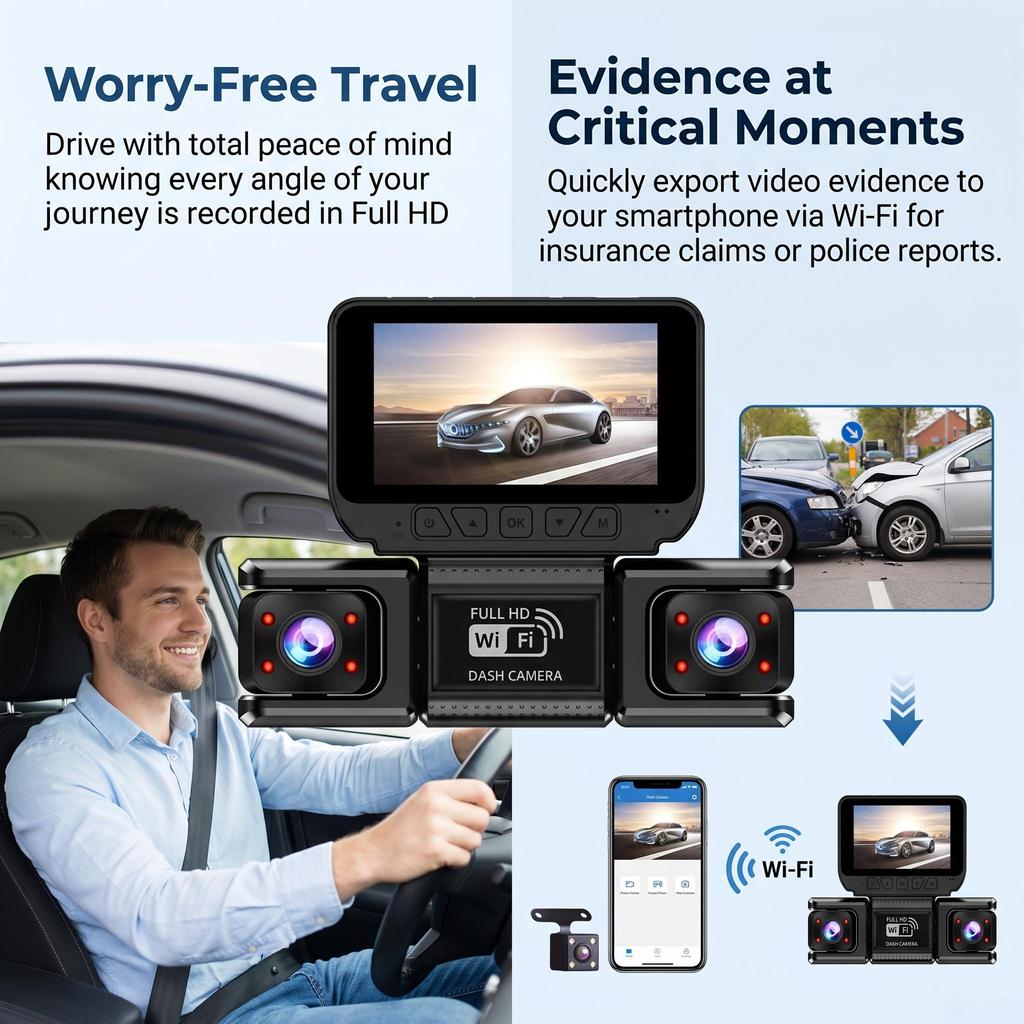 3/4 Channel Panoramic Dash Cam, 8 IR Night Vision, G-Sensor Collision Lock, 24H Parking Monitor, Universal Car Camera