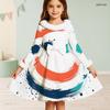 Girls High Neck Long Sleeve White Base Abstract Printed A Line Flared Dress With Fuzzy Trim And Bow