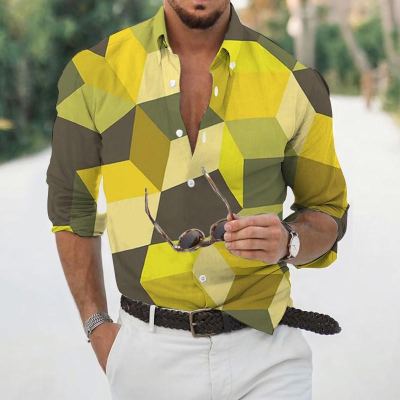 2025 Geometric Three-dimensional 3D Printed Casual Lapel Long-sleeved Shirt Spring and Autumn Men's Trendy Versatile Shirt for Men