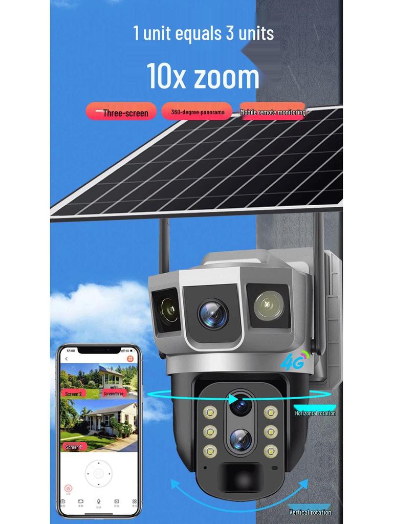 360° Solar Wireless Camera with 10x Zoom & Three-Screen Monitoring for Day/Night Full-Color Outdoor Use