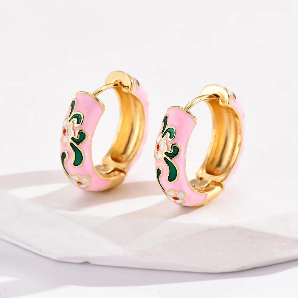 Vintage New Trend Colorful Enamel Flowers Cute Huggies Hoop Earrings for Women Boho Unique Round Ear Buckle Fashion Jewelry Gift