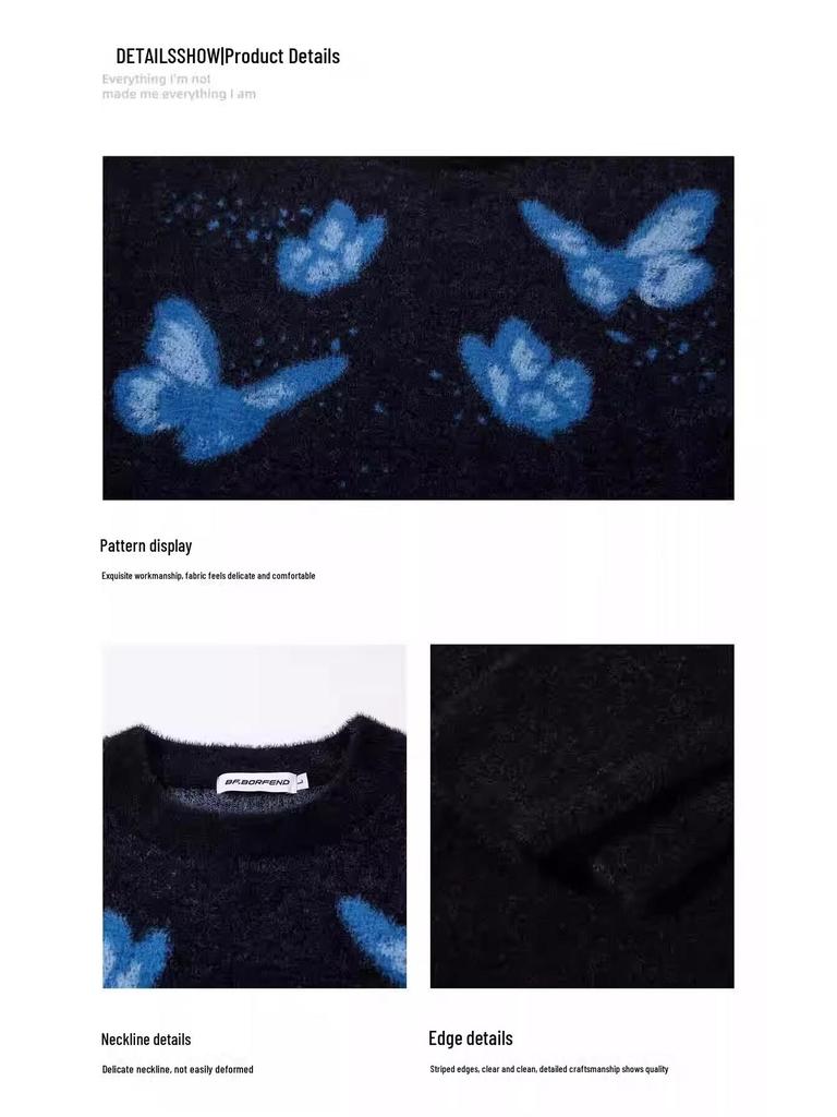 Unisex Butterfly Round Neck Sweater - Trendy, Soft & Fluffy Knit for Winter