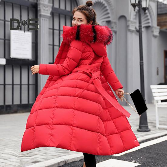Winter Women Cotton Jacket Detachable Hood Neck Protection Long Sleeves Pockets Knee Length Zipper Closure Padded Coat Solid Color Windproof Outwear