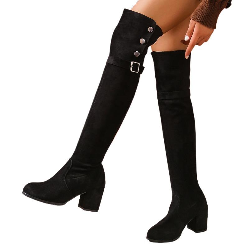 Cow Suede Solid Buckle Modern Boots Over-the-knee Slip-on Women's Shoes on Sale 2025 Fashion Slip-on Mid Heel Women's Boots