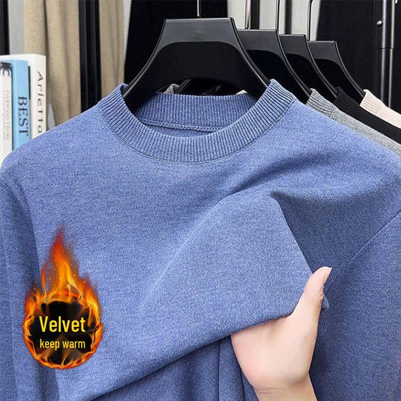 Men's Velvet Knitted Round Neck Sweater - Thick Warm Base Layer for Autumn/Winter.