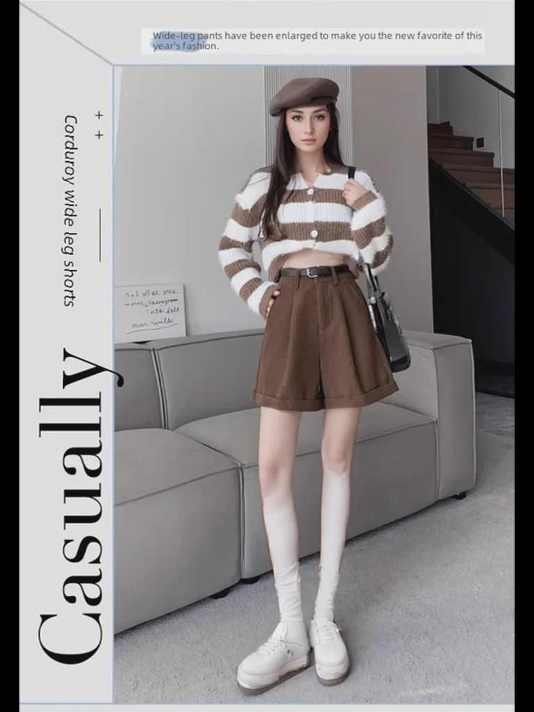 Dámské hnědé manšestrové kraťasy s vysokým pasem - zeštíhlující, široké, áčkové, ideální na podzim/zimu 2023