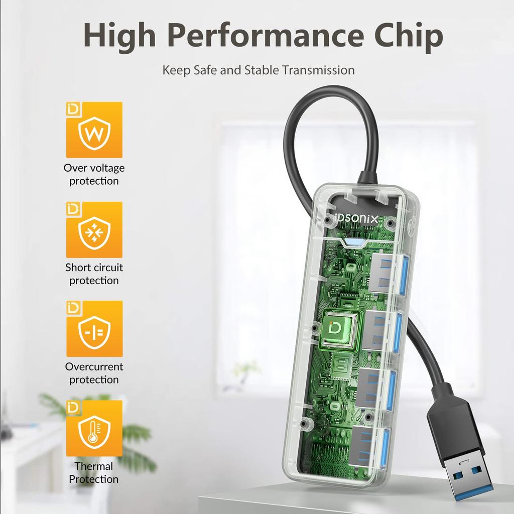 iDsonix USB Hub Expansion 4 Port USB A Hub 180cm Cable 5Gbps High Speed Transfer Lightweight Compact Compatible with Pro and Other Notebook PCs USB