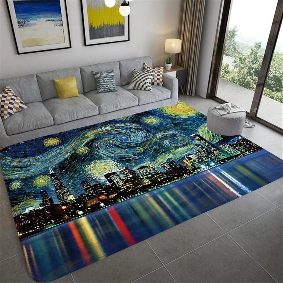 Starry Sky Carpet Van Gogh Art Painting Bathroom Rugs Non-slip Bedroom Mats Welcome Mat Floor Decorative Carpet for Living Room