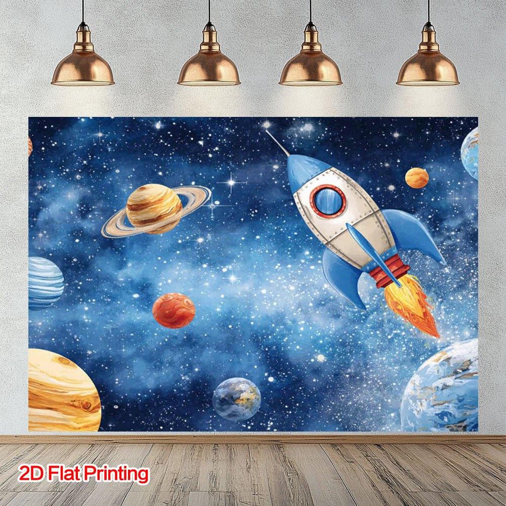 One 2D flat-printed space-themed background fabric, featuring rocket and planet patterns, made of polyester material.