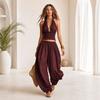 Women's Halter Sleeveless Summer 2 Piece Sets, Pleated Ruffle Backless V Neck Top And Wide Leg Pants Matching Outfits