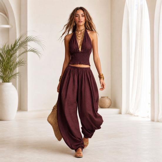 Women's Halter Sleeveless Summer 2 Piece Sets, Pleated Ruffle Backless V Neck Top And Wide Leg Pants Matching Outfits