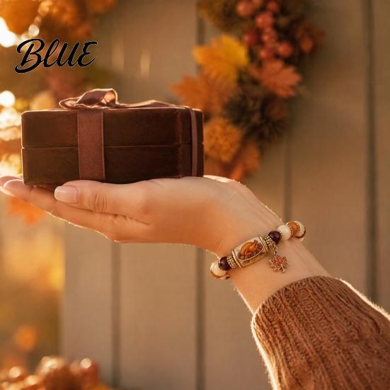 Thanksgiving Beaded Bracelet for Women Holiday with Greeting Card Gift Maple Leaf Charm Elastic Stretch Fall Harvest Jewelry Theme Women
