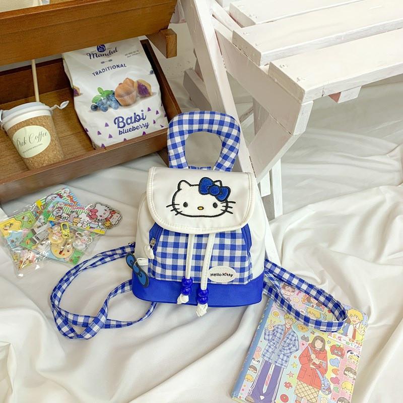 Cute Hello Kitty And Plaid Pattern Girl Canvas Backpack For Daily Use