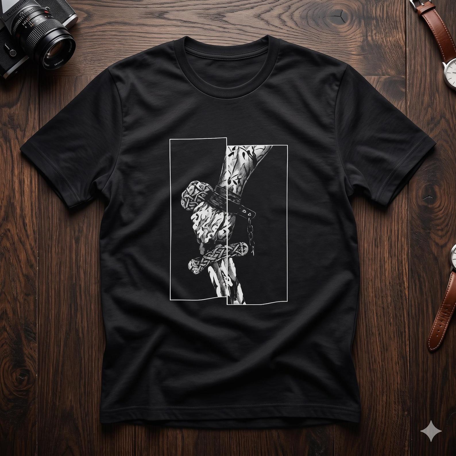 Viking Sword Shirt, Norse Warrior Tee, Medieval Dagger Graphic, Nordic Mythology Shirt, Pagan Viking Gift, Gothic Warrior Tee L