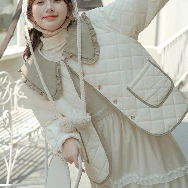 Women's Winter Retro Literary Academy Style Cotton Padded Jacket Thickened Warm Short Doll Collar Cotton Coat