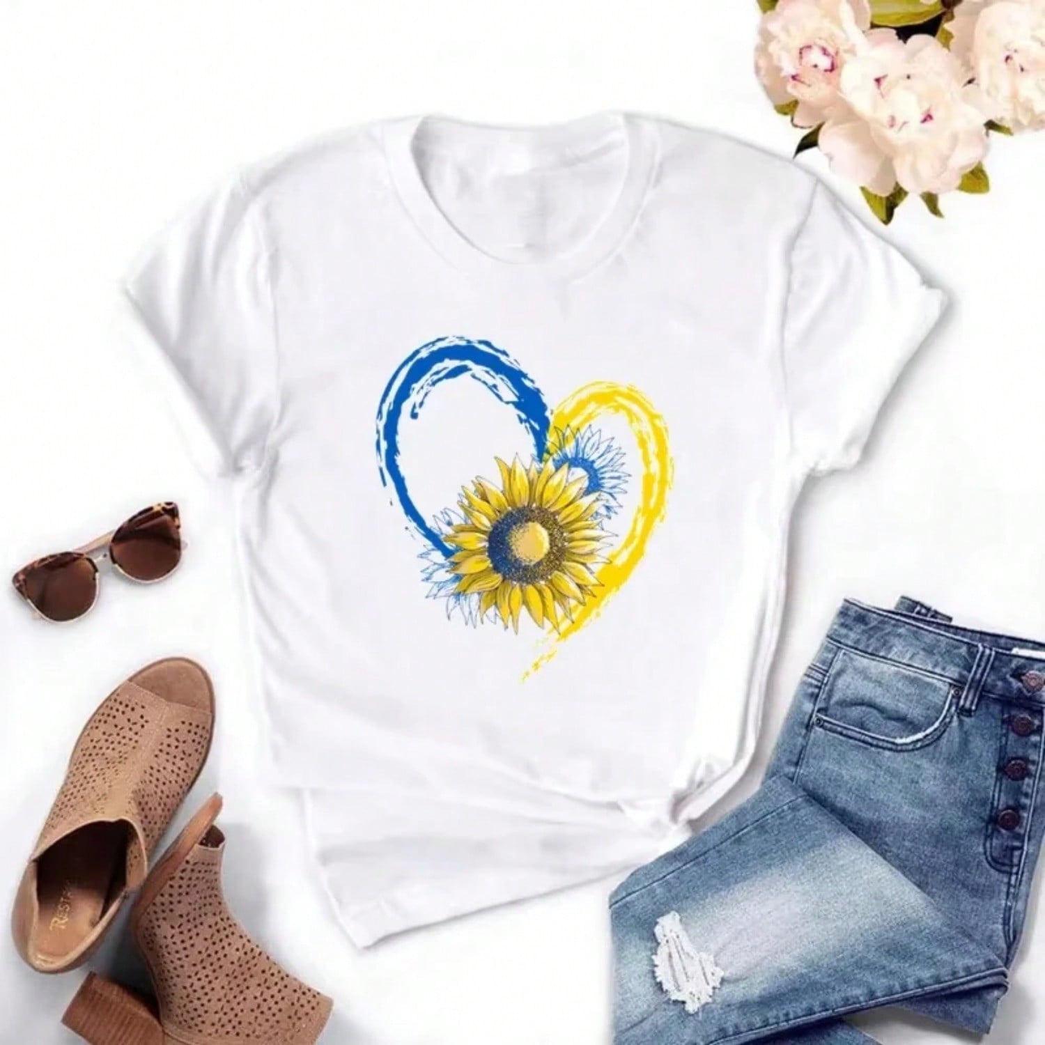 Wounisex s Chest Printed Casual Tops Fashionable High Quality Ukrainian Flag Sunflowers Vintage Ukrainian Pattern T-Shirt Summer Ca S разноцветный