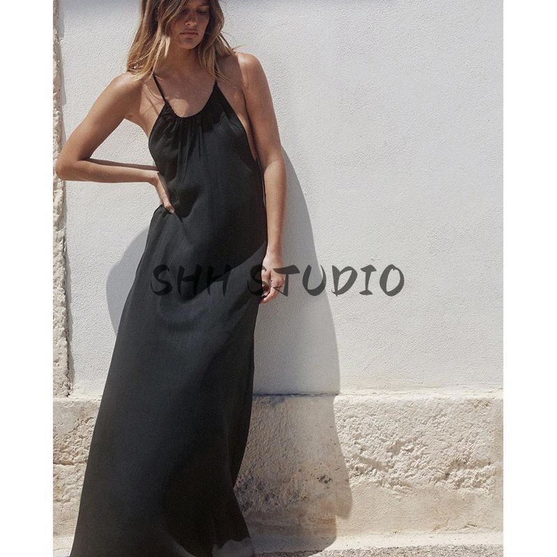 Summer New Product Women's Clothes Seaside Vacation Style Ruched Decoration Hanging Collar Midi Skirt Long Dress 6929187