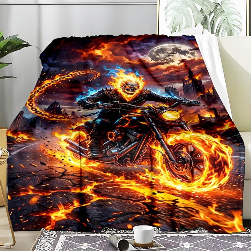 Ghost-Rider On Fire Blanket Flannel Throw for Sofa, Indoor, Camping, Living Room, Office, Chair, And Bed Soft Birthday Gift
