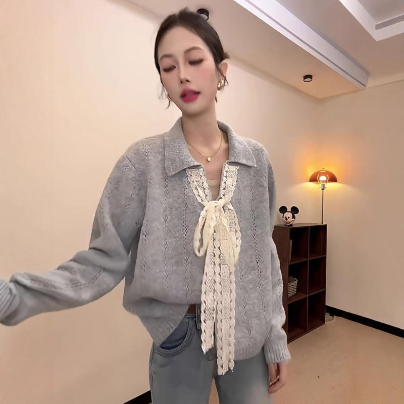 Spring Autumn Lace Pachwork Hollow Out Knitting Bandage Cardigan Sweater Women Sweet Casual Knitting Top