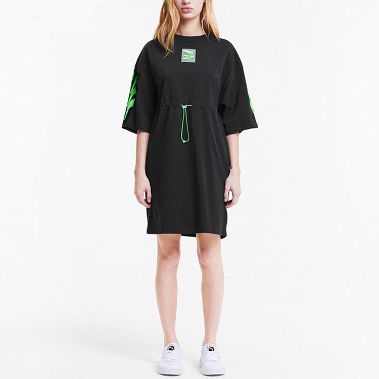 Puma Logo Print Solid Color Drawstring Sports Short Sleeve Dress Women Dresses Black 599175-01