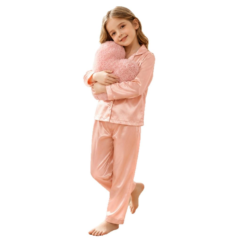 Kinder einfarbige Pyjama-Sommer-Langarm-Cardigan-Set Mädchen mittleren Alters und ältere Kinder Baby Freizeit Eis Seide Kühl Loungewear
